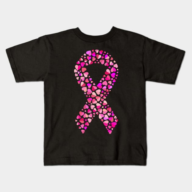 Pink ribbon in multiple pink heart design Kids T-Shirt by Montanescu